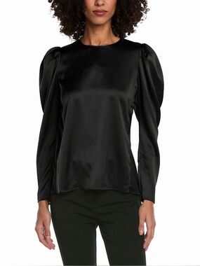 FRAME Draped Femme Blouse Black Puff Sleeve Satin Keyhole Minimalist Chic Top